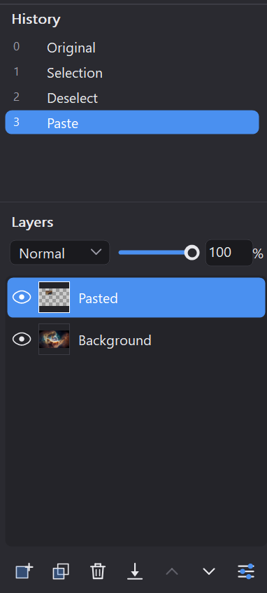 The History panel listing Original, Selection, Deselect and Paste, above the Layers panel with a Pasted layer over a Background layer
